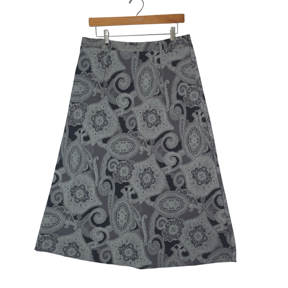 Intriguing Threads Skirt Womens 10‎ Gray Black Paisley A-Line Midi Side Zip